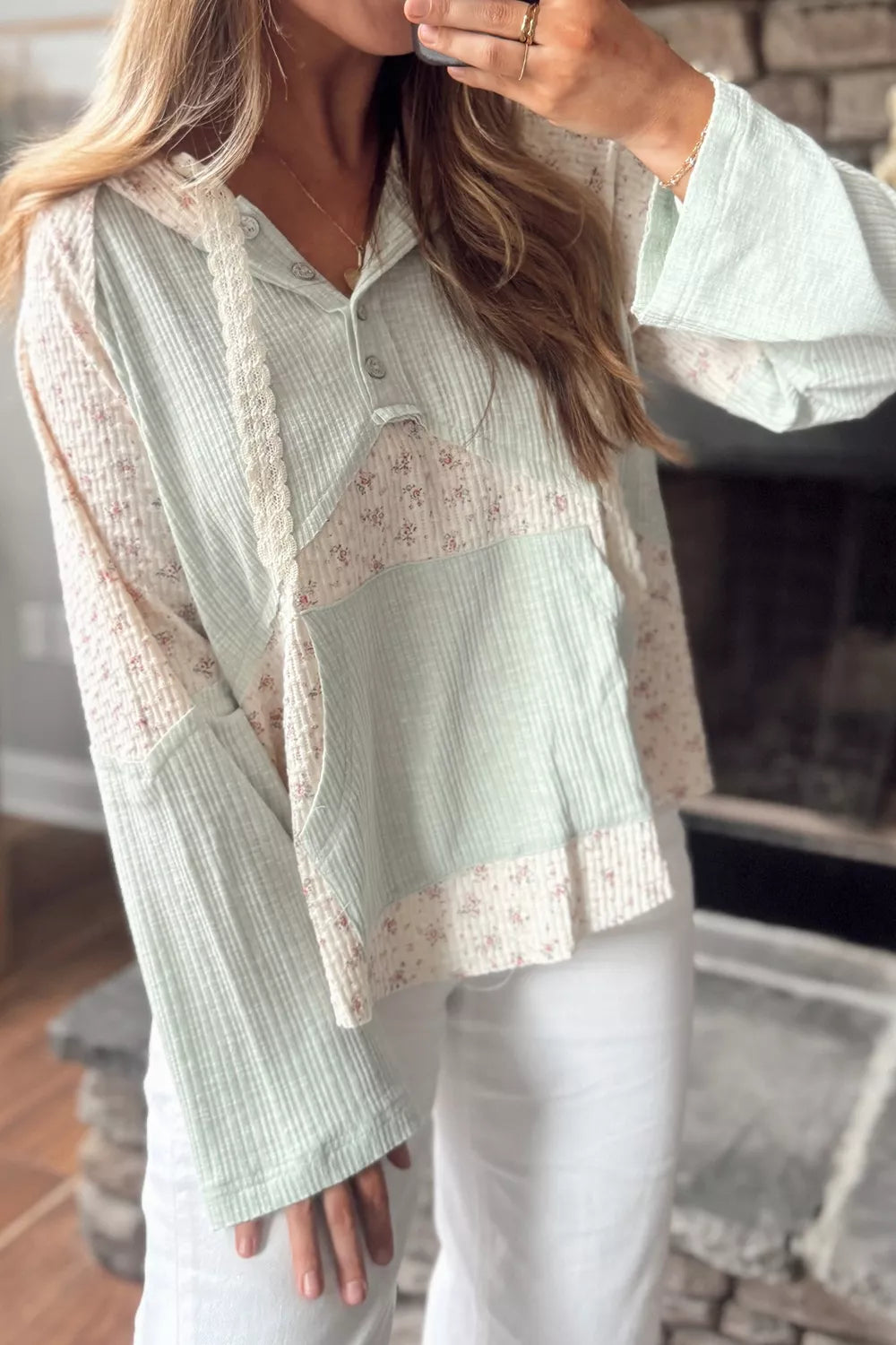 Lace Trim Floral Patchwork Button Detail Blouse - Lilixa.store