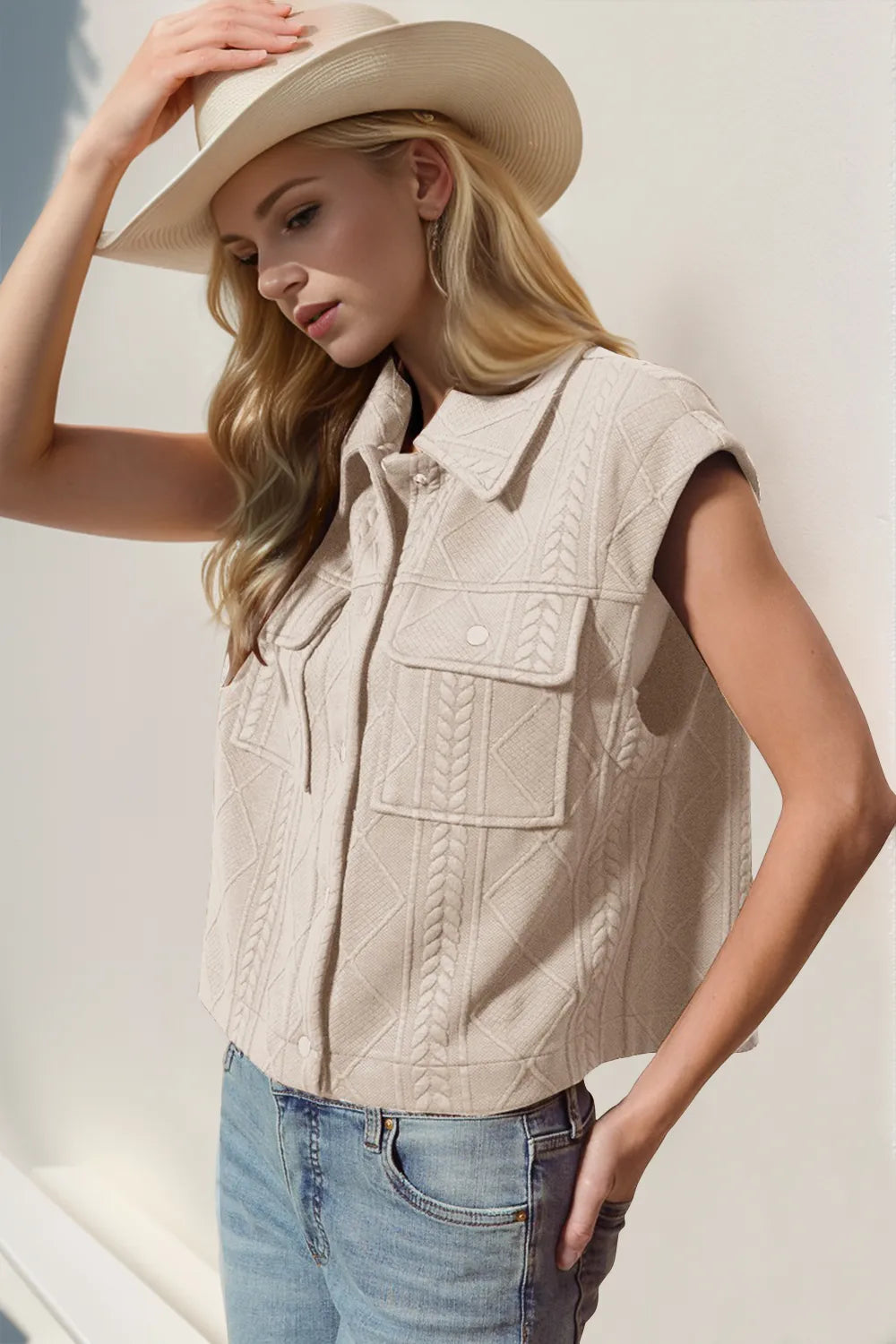 Double Take Snap Down Texture Crop Vest in Dust Storm