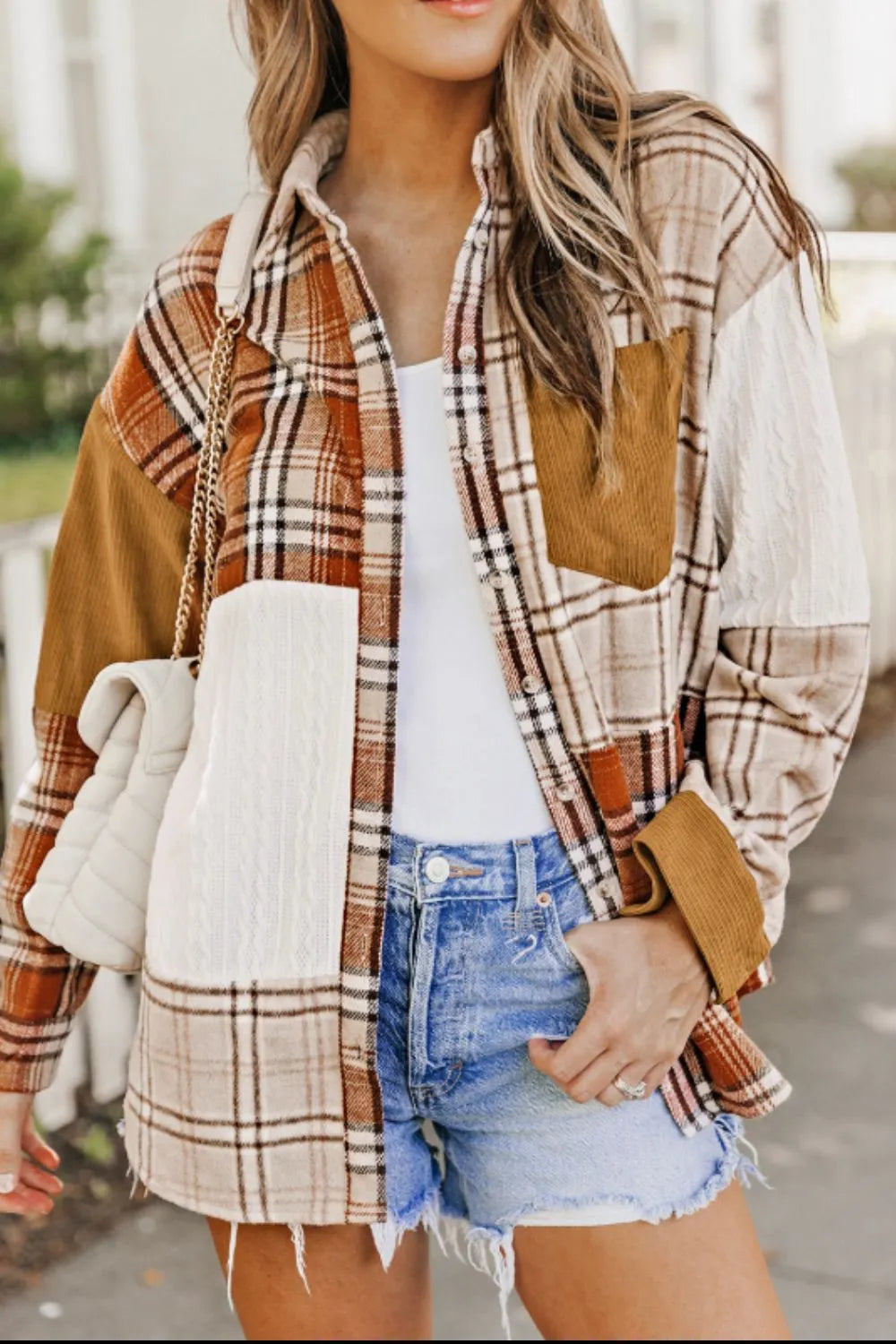 Plaid Button Up Long Sleeve Shacket in Sherbet, view 5