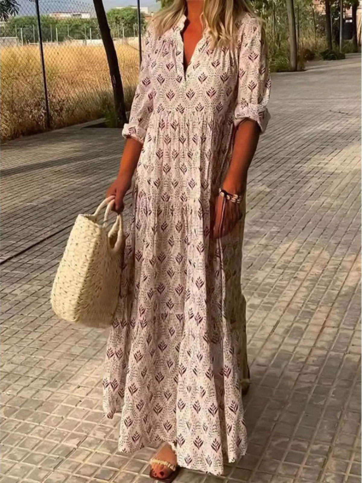 Full Size Printed Notched Tiered Maxi Dress Plus Size in Pink