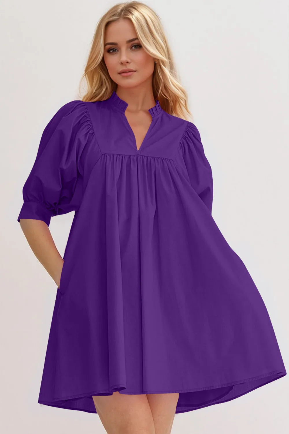 Oh Frill Notched Puff Sleeve Babydoll Mini Dress in Purple