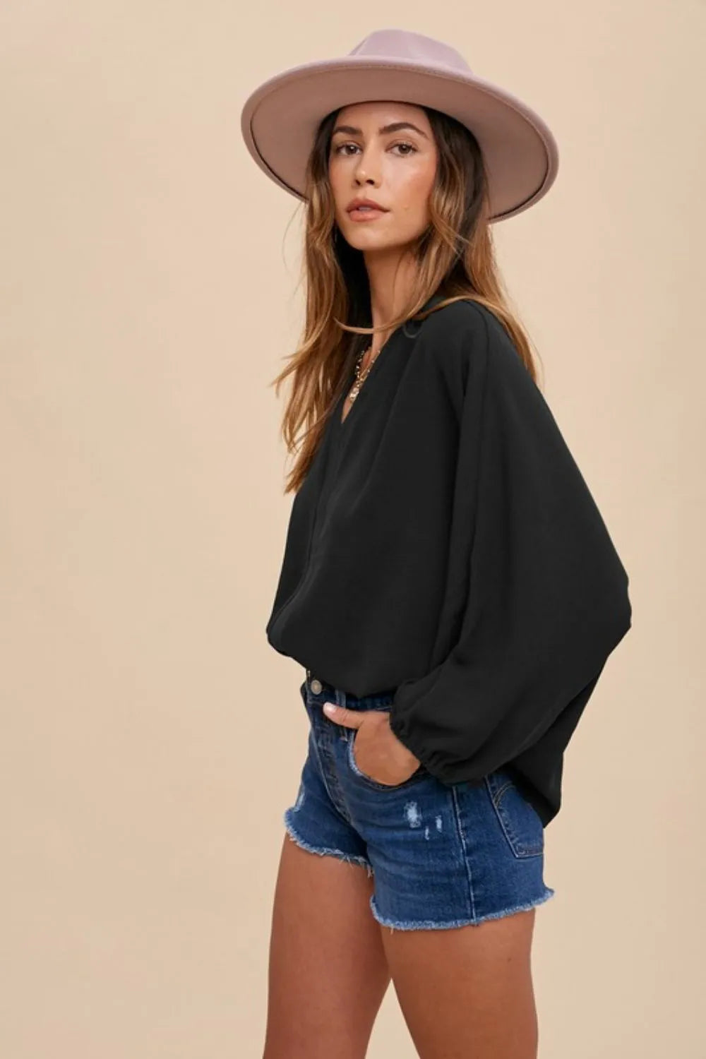Annie Wear Notched Batwing Sleeve Blouse in Black, view 3