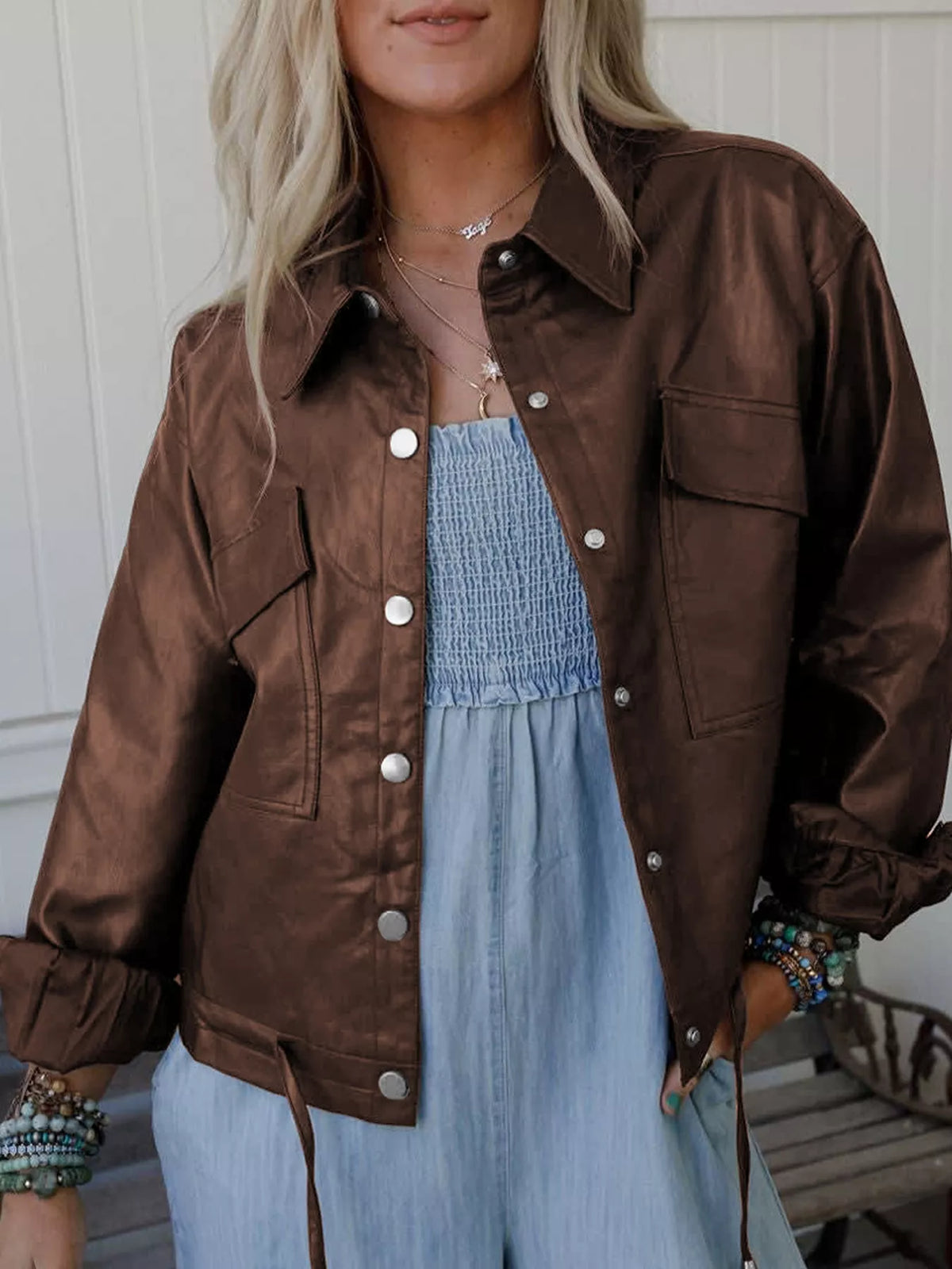 Double Flap Pocket Drawstring Hem Leather Jacket in Dark Brown, view 4