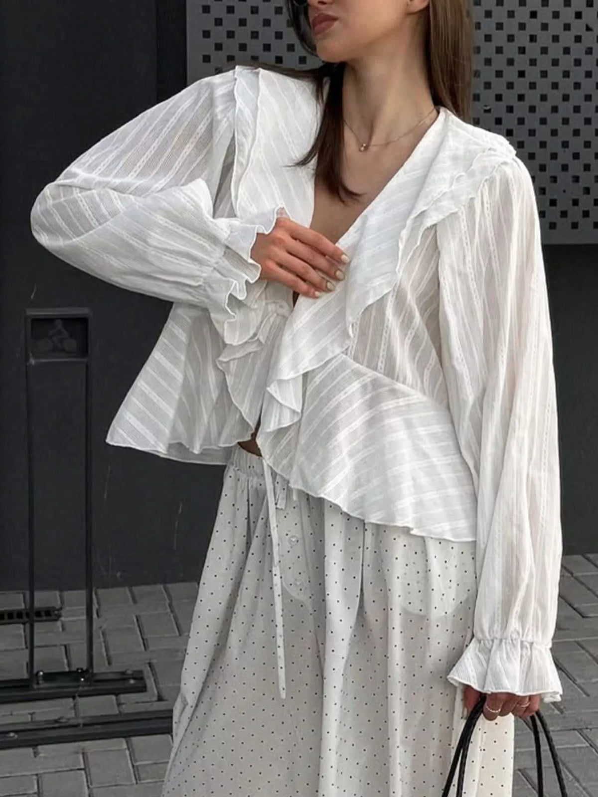 Ruffled Striped Flounce Sleeve Blouse in White, view 3