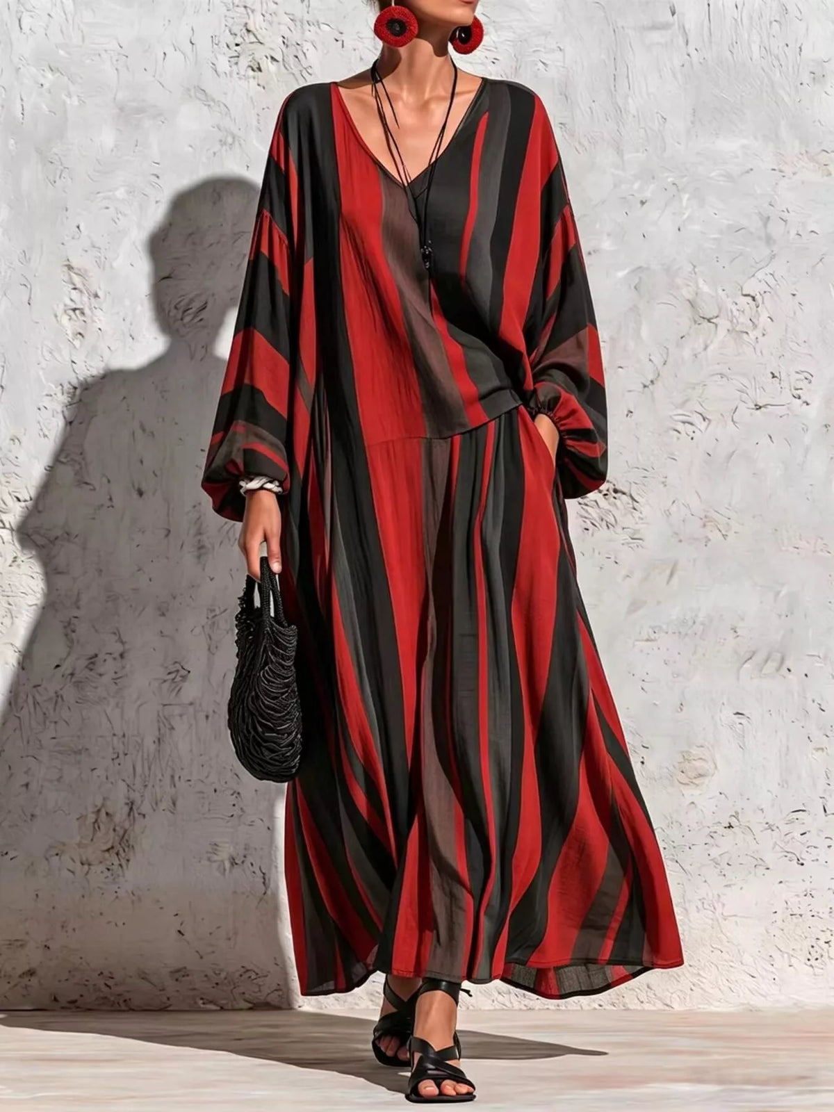 Bohemian Striped V-Neck Loose Top and Wide Leg Pants Set, view 2