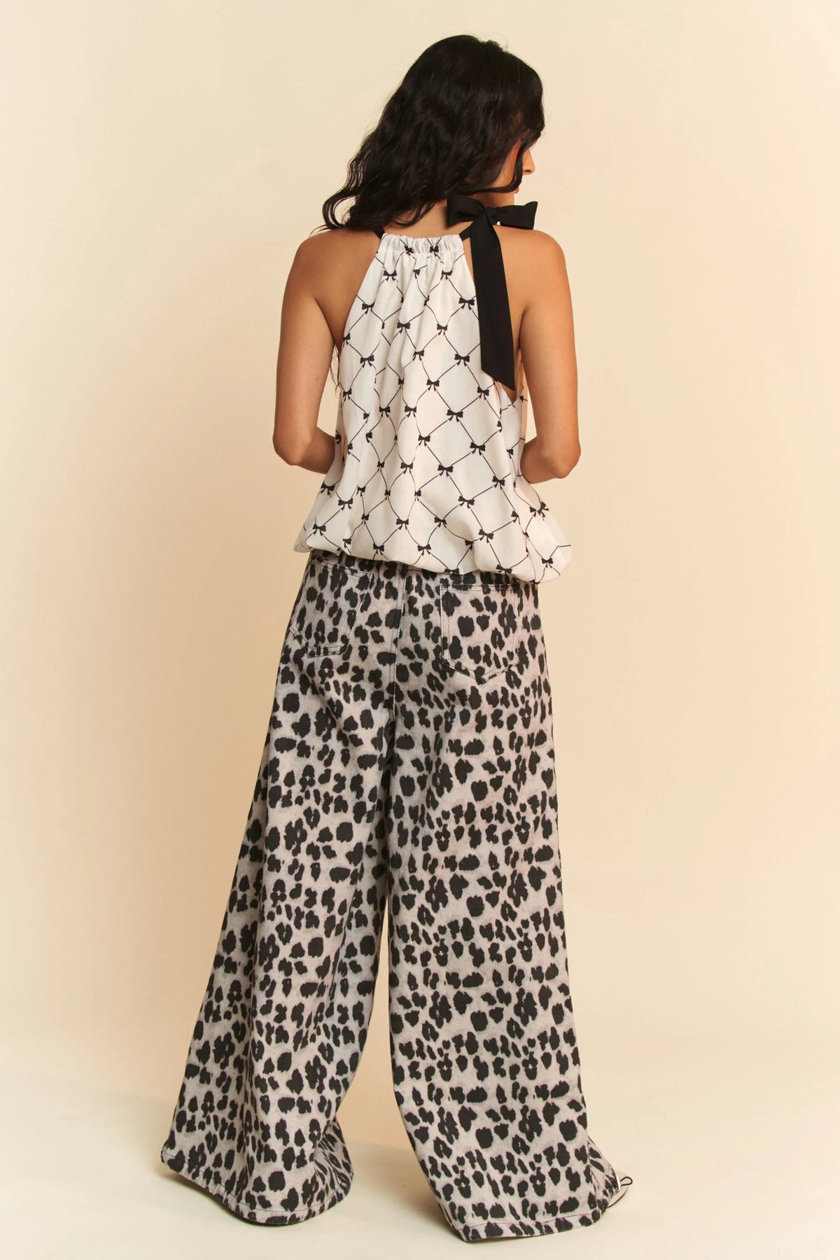Davi & Dani Ribbon Checker Printed Tie Halter Neck Blouse Top - Lilixa.store