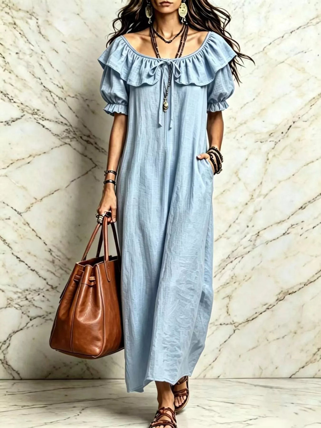 Ruffle Trim Puff Sleeve Maxi Dress - Lilixa.store