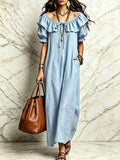 Ruffle Trim Puff Sleeve Maxi Dress - Lilixa.store