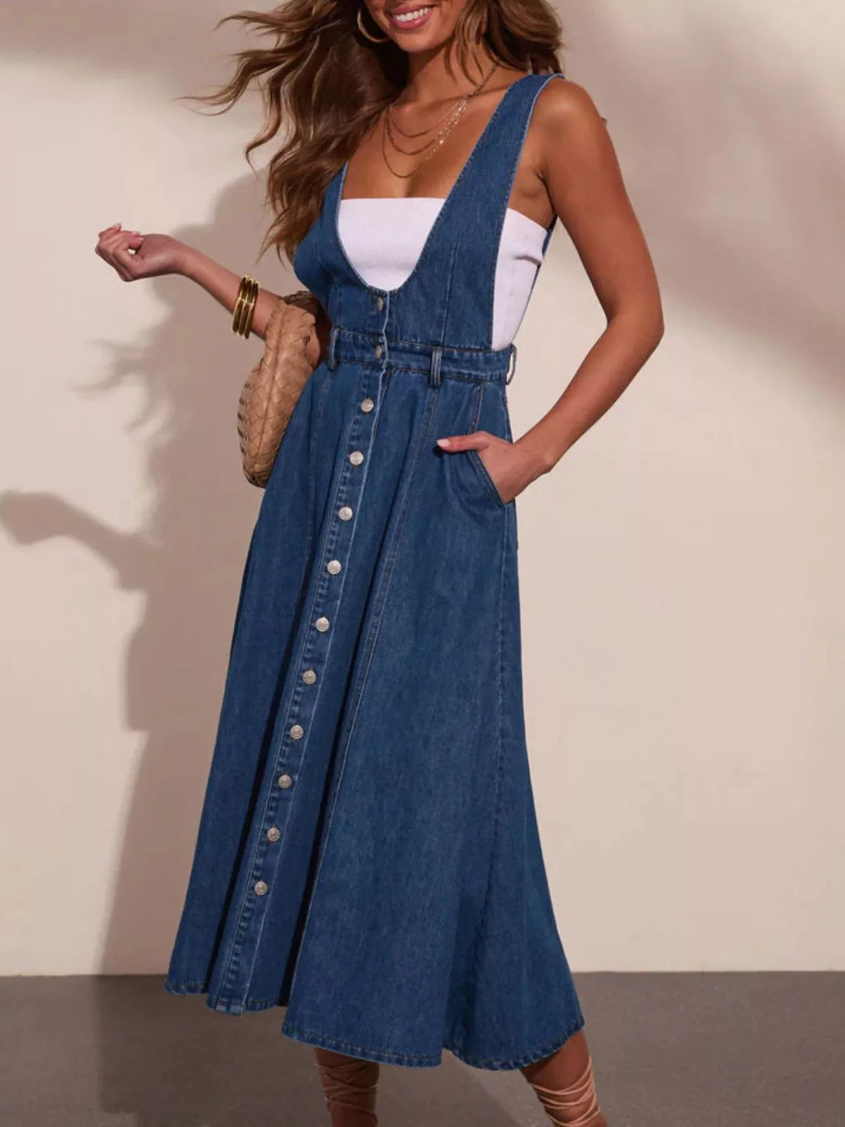 Button Front Denim Overall Midi Dress - Lilixa.store