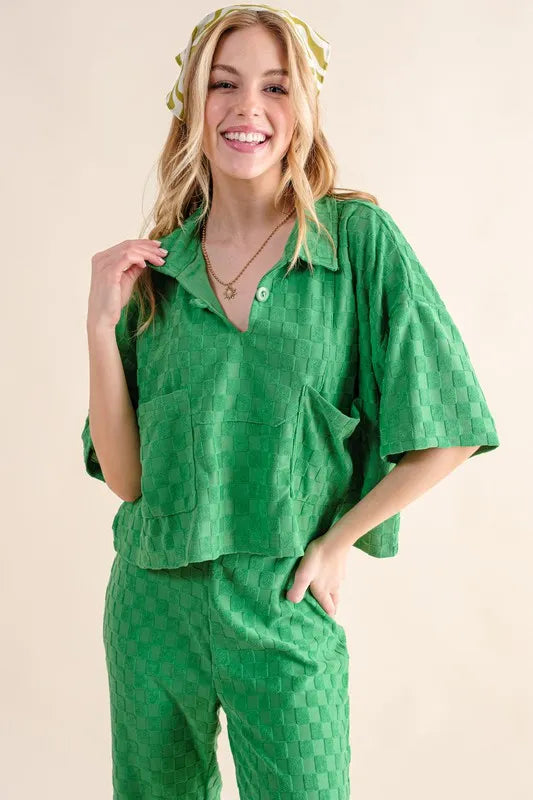 And The Why Brushed Texture Checker Board Pattern Casual Top - Lilixa.store