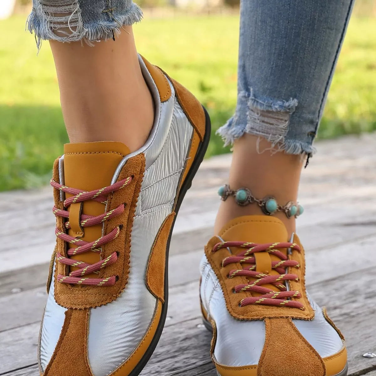 Casual Color-Block Suede and Metallic Texture Sneakers, view 6