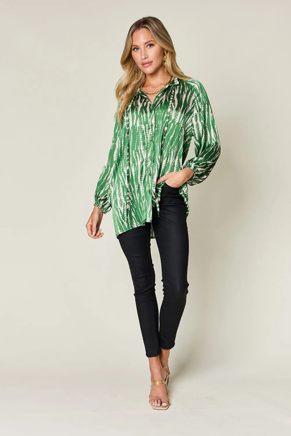 Double Take Full Size Printed Button Up Long Sleeve Shirt - Lilixa.store