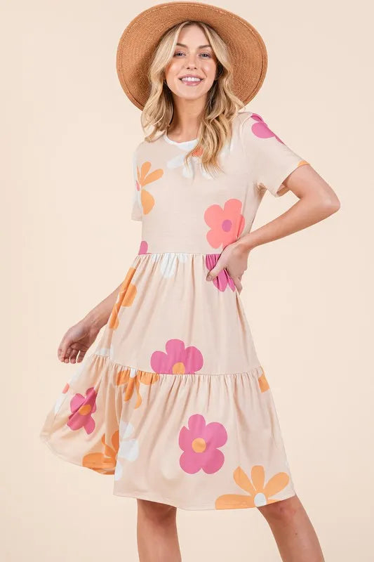 BOMBOM Floral Round Neck Short Sleeve Tiered Dress - Lilixa.store