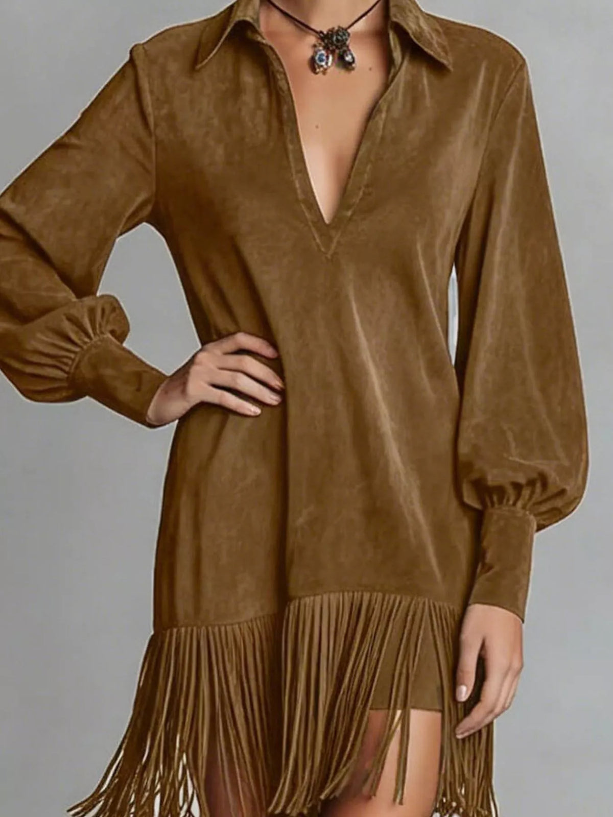 Fringed Lantern Sleeve Dress - Lilixa.store