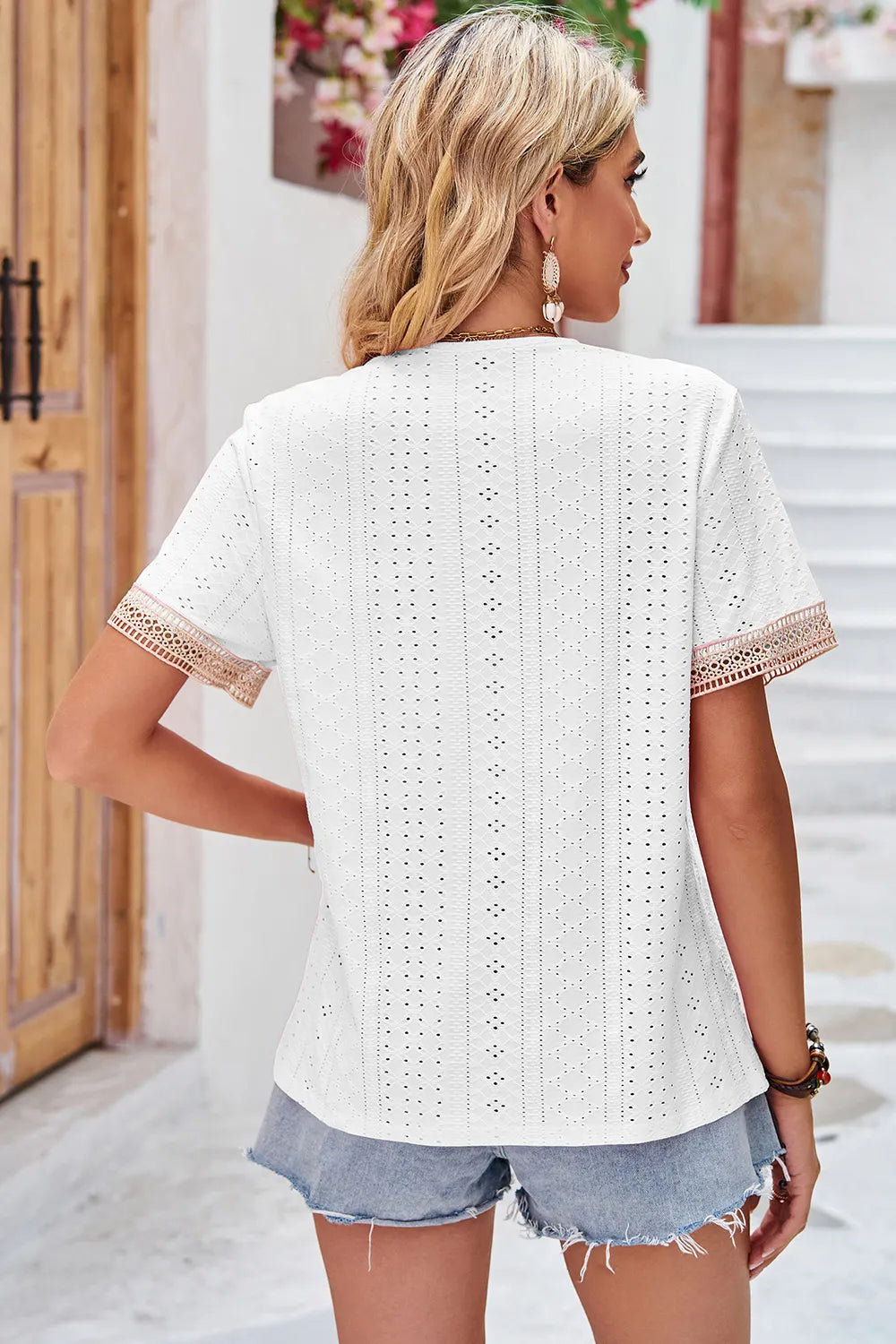 Eyelet V-Neck Short Sleeve T-Shirt - Lilixa.store
