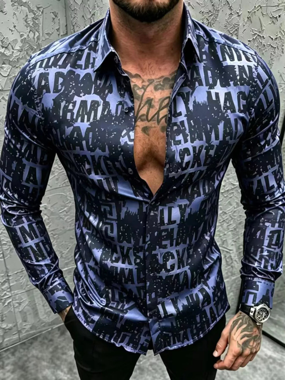 Men's Plus Size Letter Print Slim Fit Long Sleeve Shirt - Lilixa.store