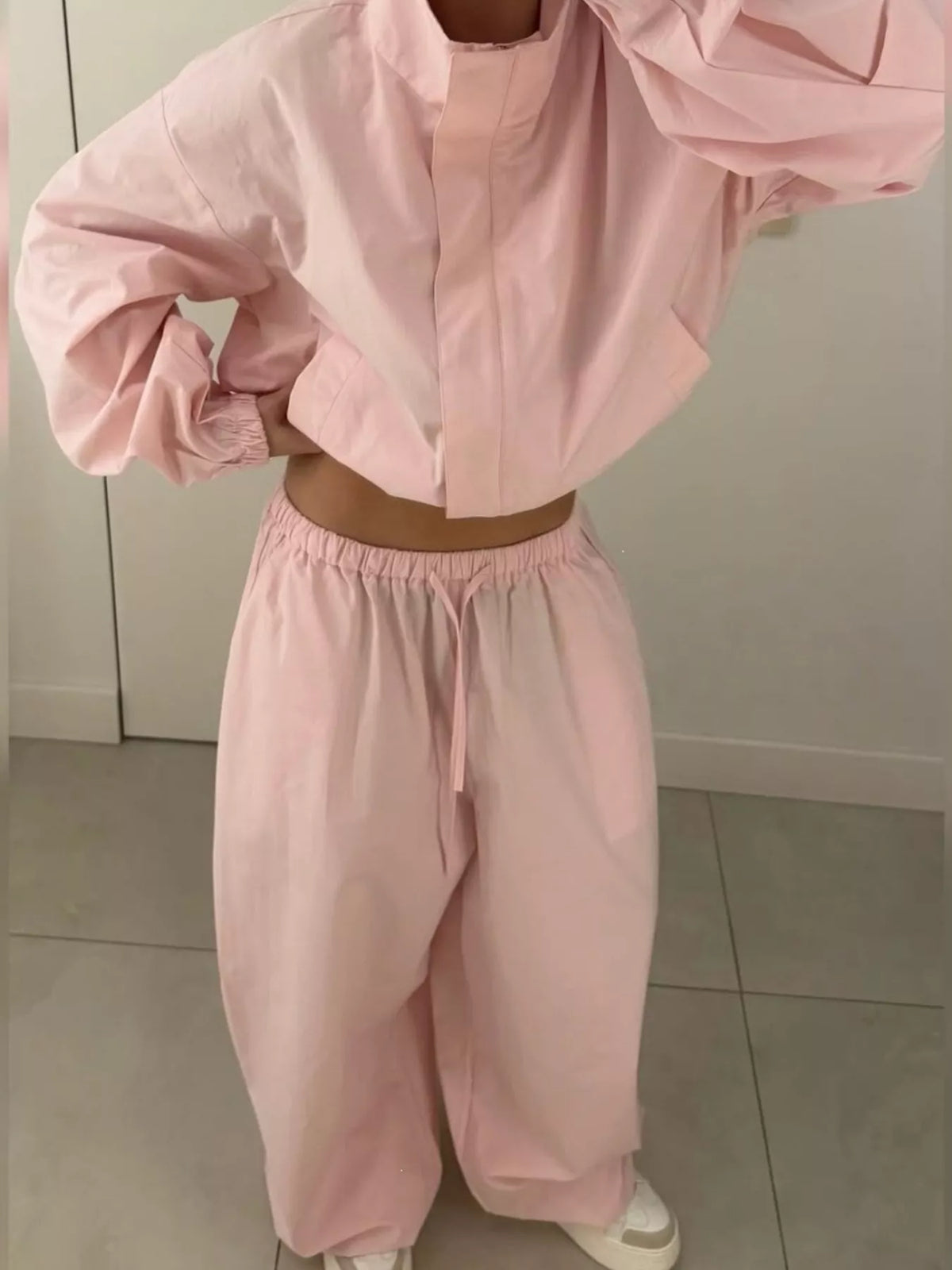 Drawstring Hem Crop Jacket and Wide-Leg Pant Set, view 13