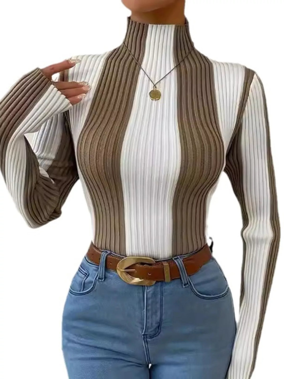 Color Block Turtleneck Ribbed Knit Top - Lilixa.store
