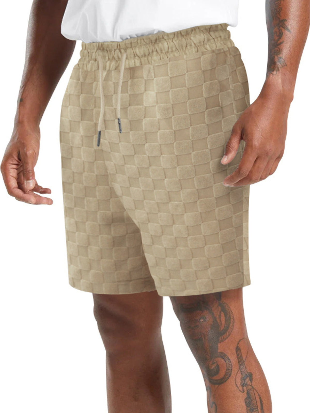 Men's Full Size Textured Checkered Casual Shorts Plus Size in Khaki