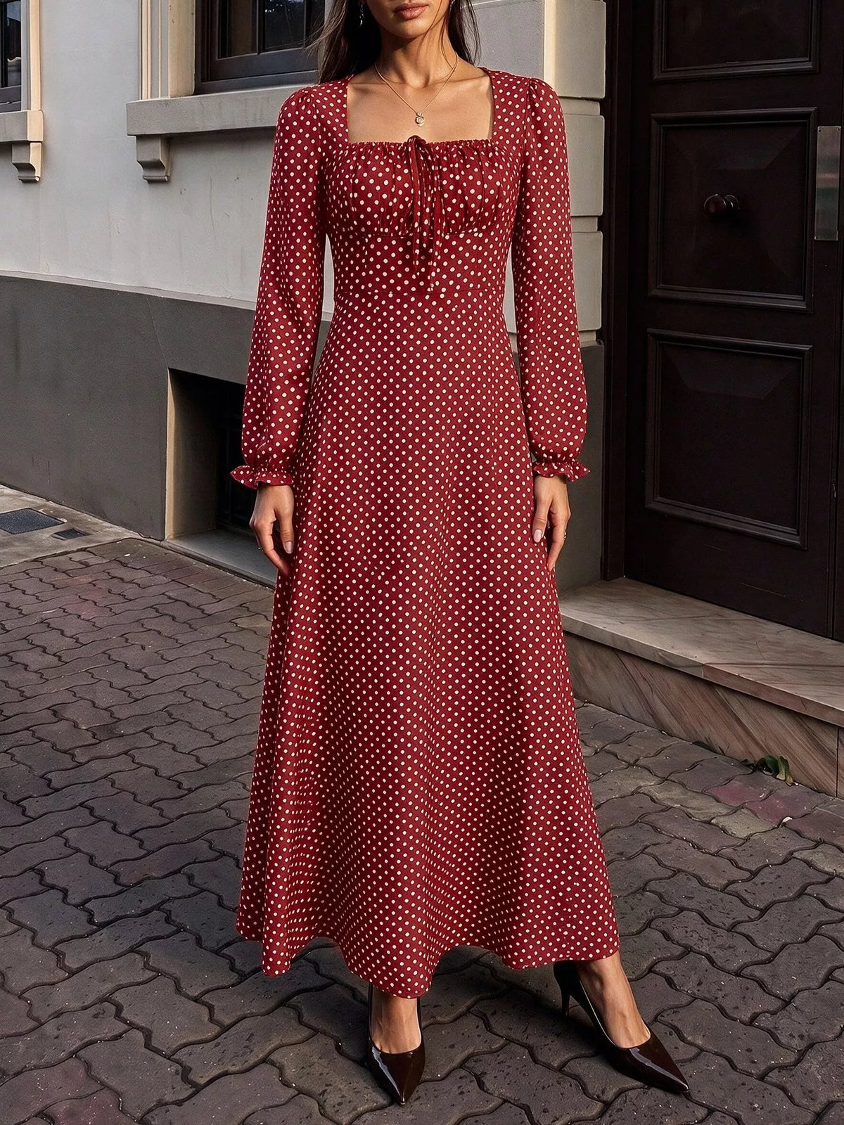 Square Neck Polka Dot Long Sleeve Maxi Dress - Lilixa.store