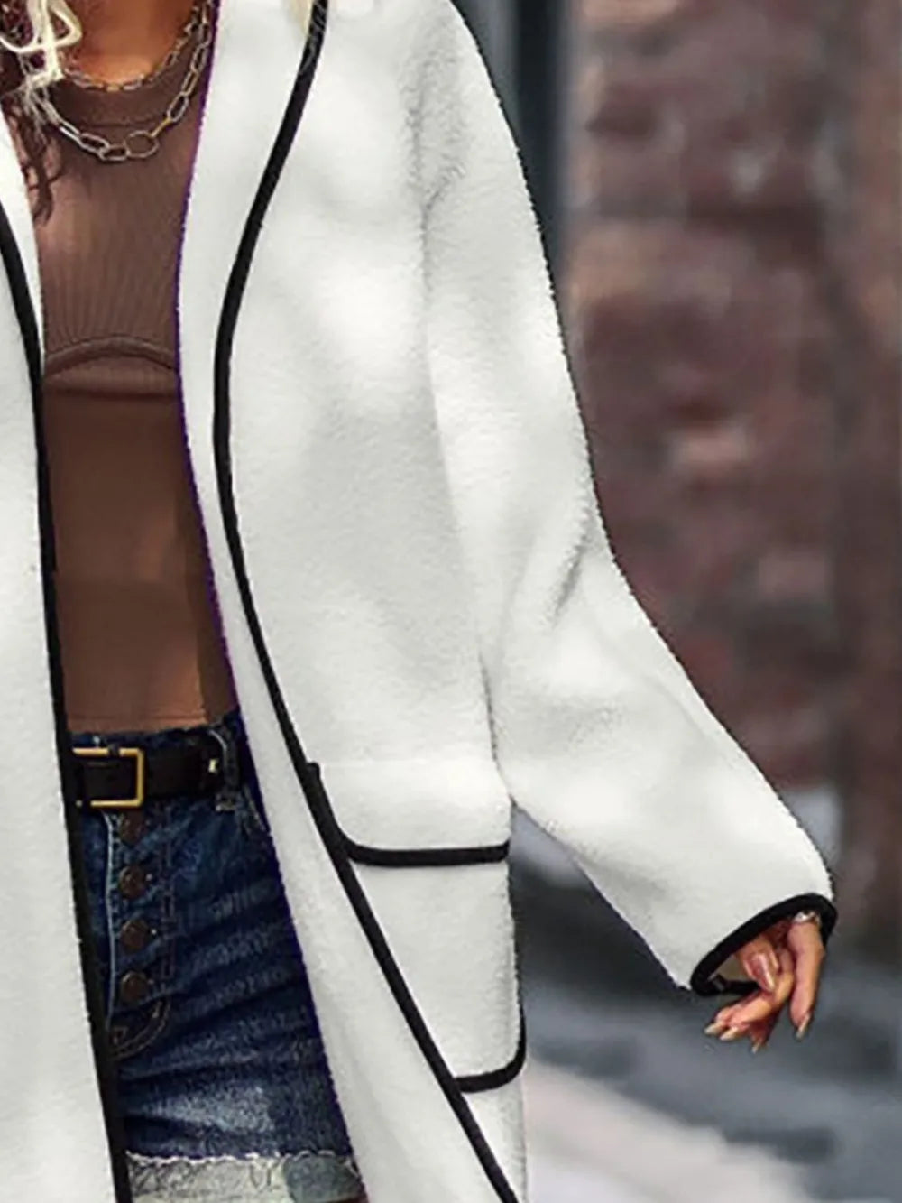 Full Size Contrast Trim Long Sleeve Coat with Pockets, view 8
