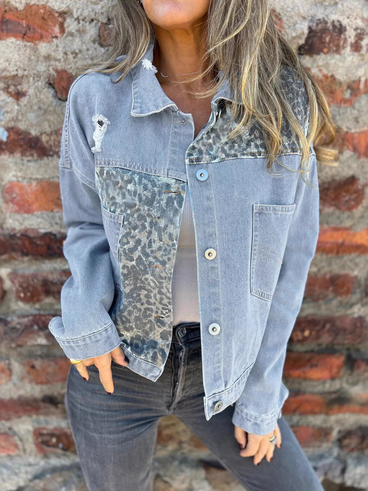 Full Size Leopard Button Up Denim Jacket Plus Size in Light Blue, view 2
