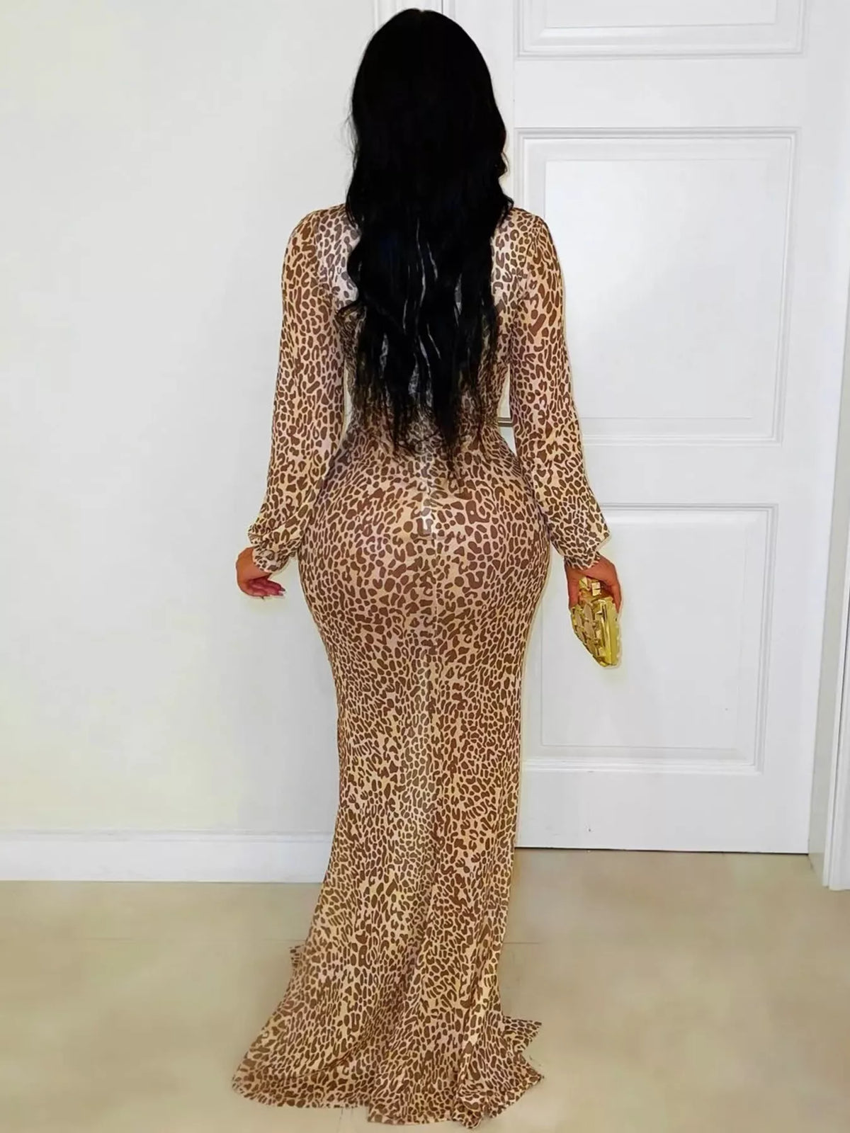 Leopard Print Deep V-Neck Long Sleeve High Slit Maxi Dress, view 2