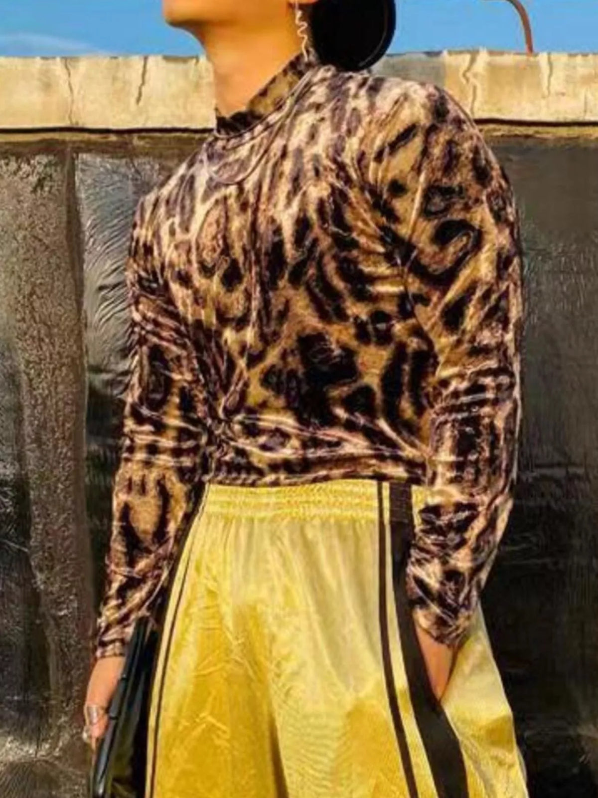 Men's Full Size Leopard Velvet Mock Neck Long Sleeve T-Shirt Plus Size