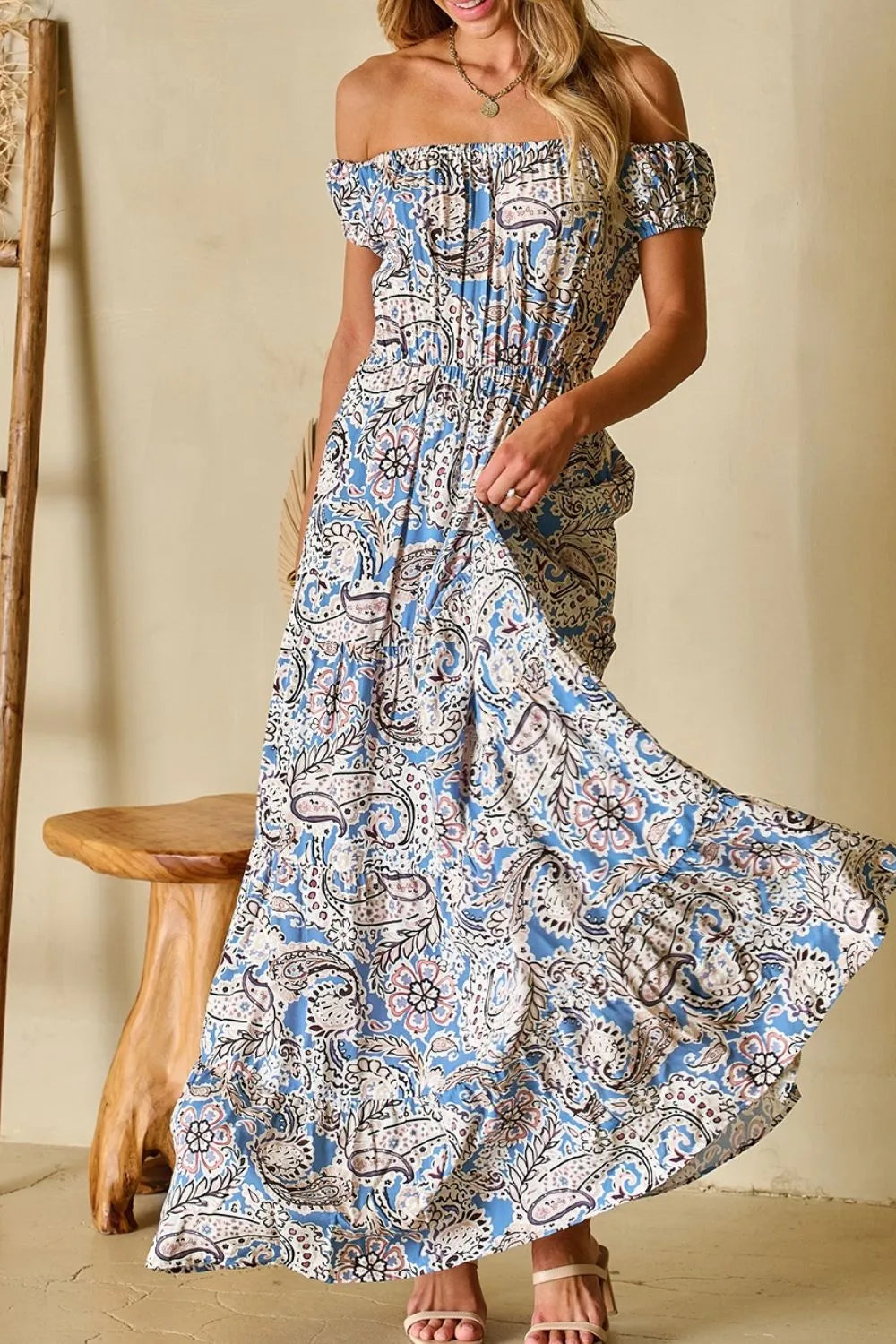 Boho Paisley Print Off Shoulder Maxi Dress in Dusty Blue, view 3