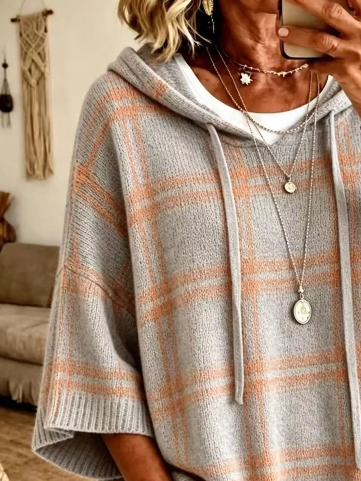 Plaid Hooded Knit Sweater, view 9