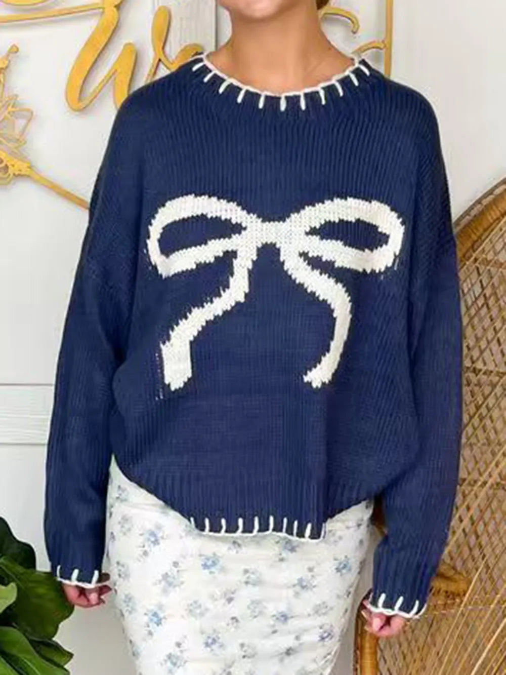 Bow Round Neck Long Sleeve Sweater - Lilixa.store