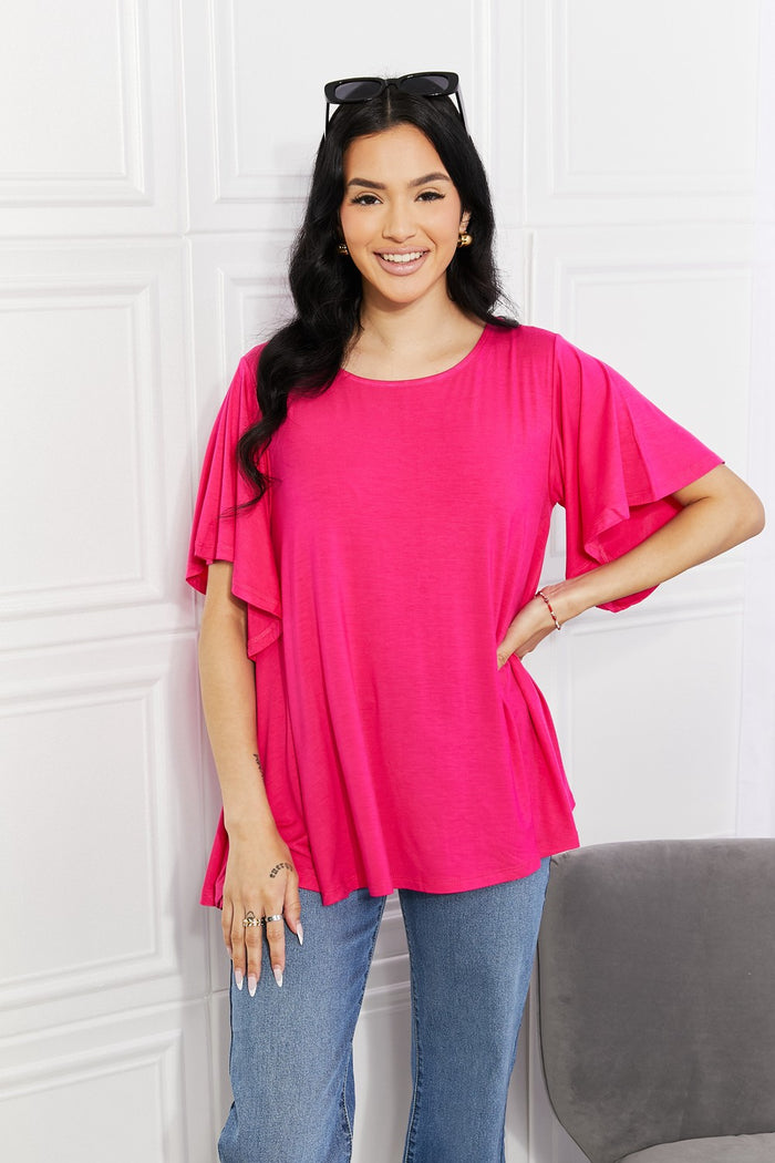 Yelete Full Size More Than Words Flutter Sleeve Top in Hot Pink