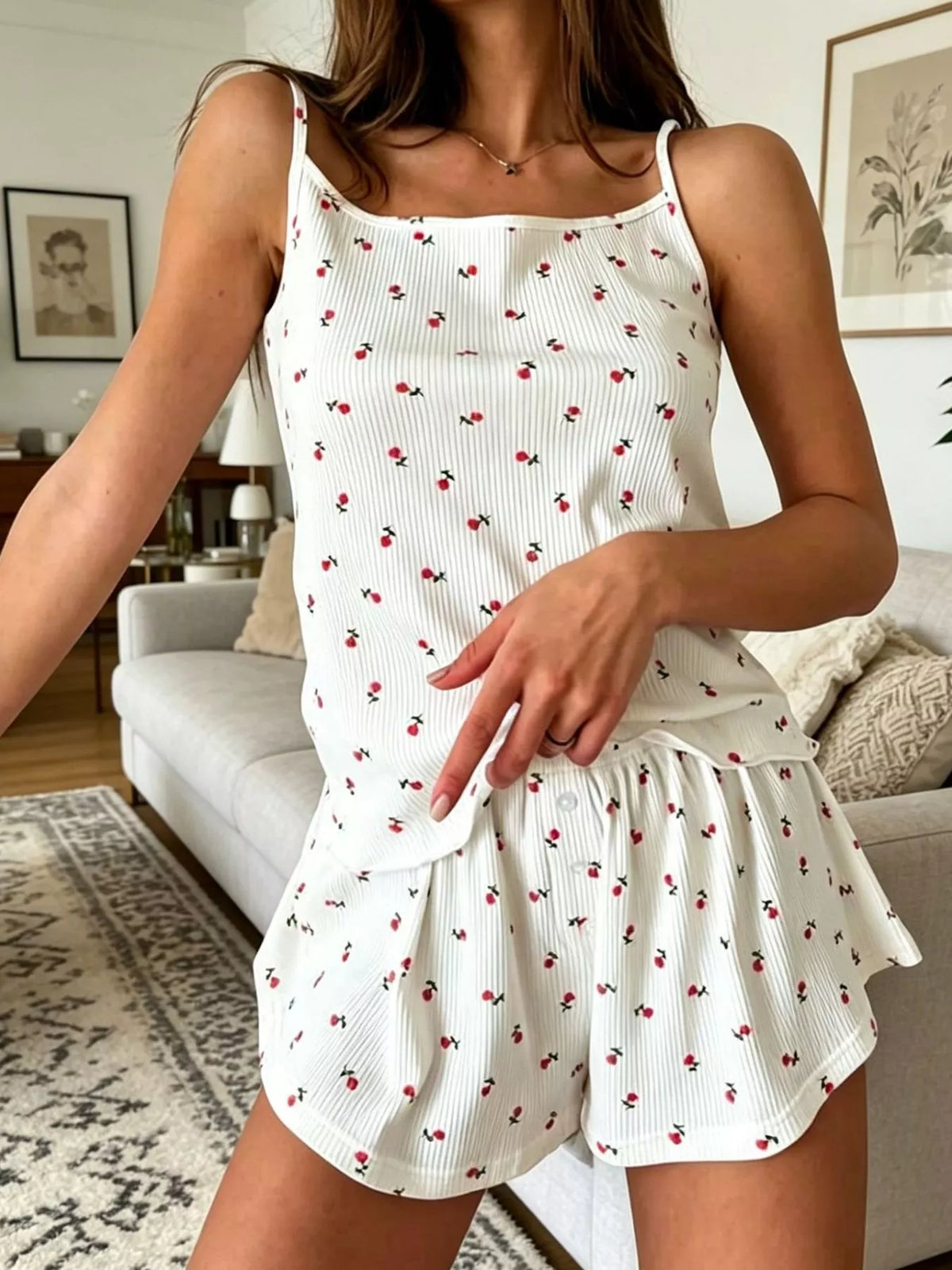 Floral Print Ribbed Knit Cami and Shorts Lounge Set - Lilixa.store