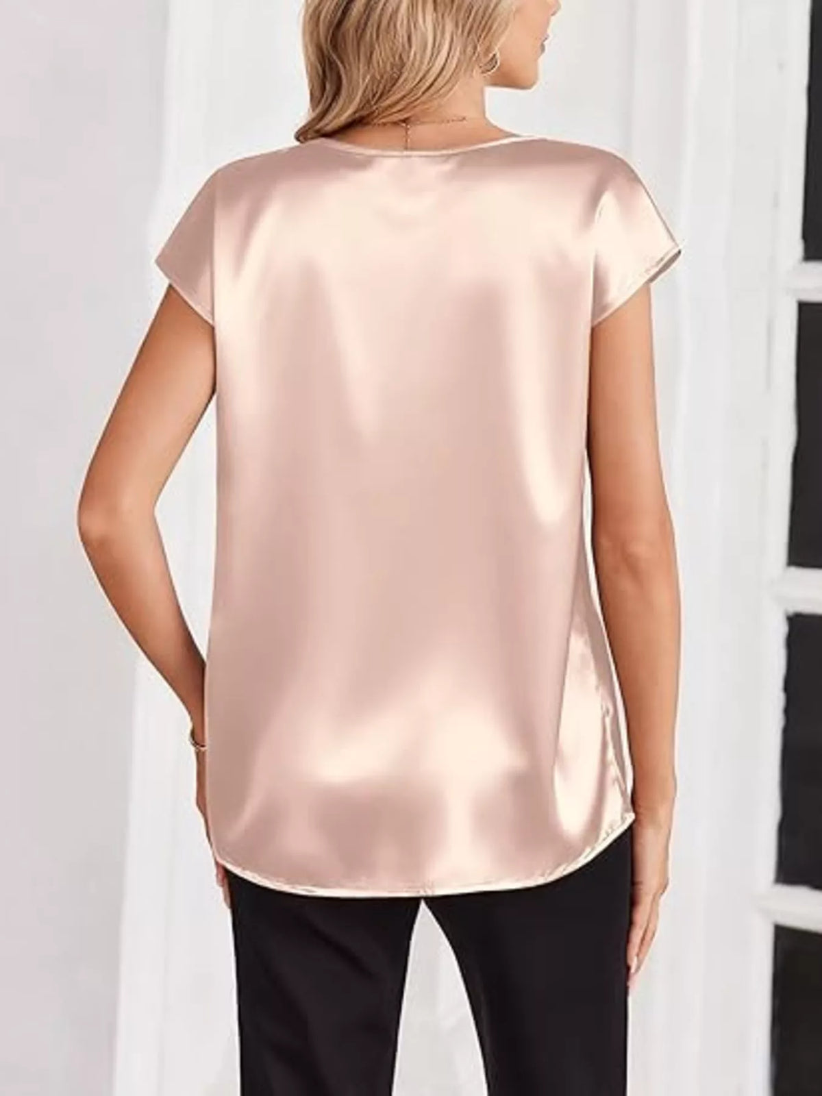 Satin V-Neck Short Sleeve Blouse - Lilixa.store
