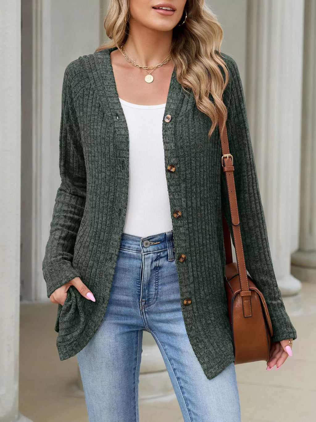 Ribbed Knit Hooded Button-Down Cardigan - Lilixa.store