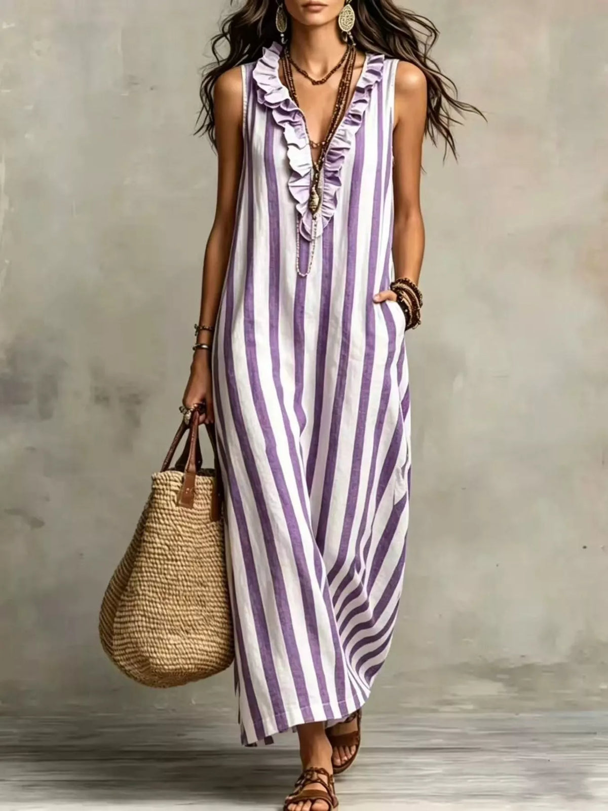 Full Size Sleeveless Striped Ruffle V-Neck Maxi Dress Plus Size - Lilixa.store