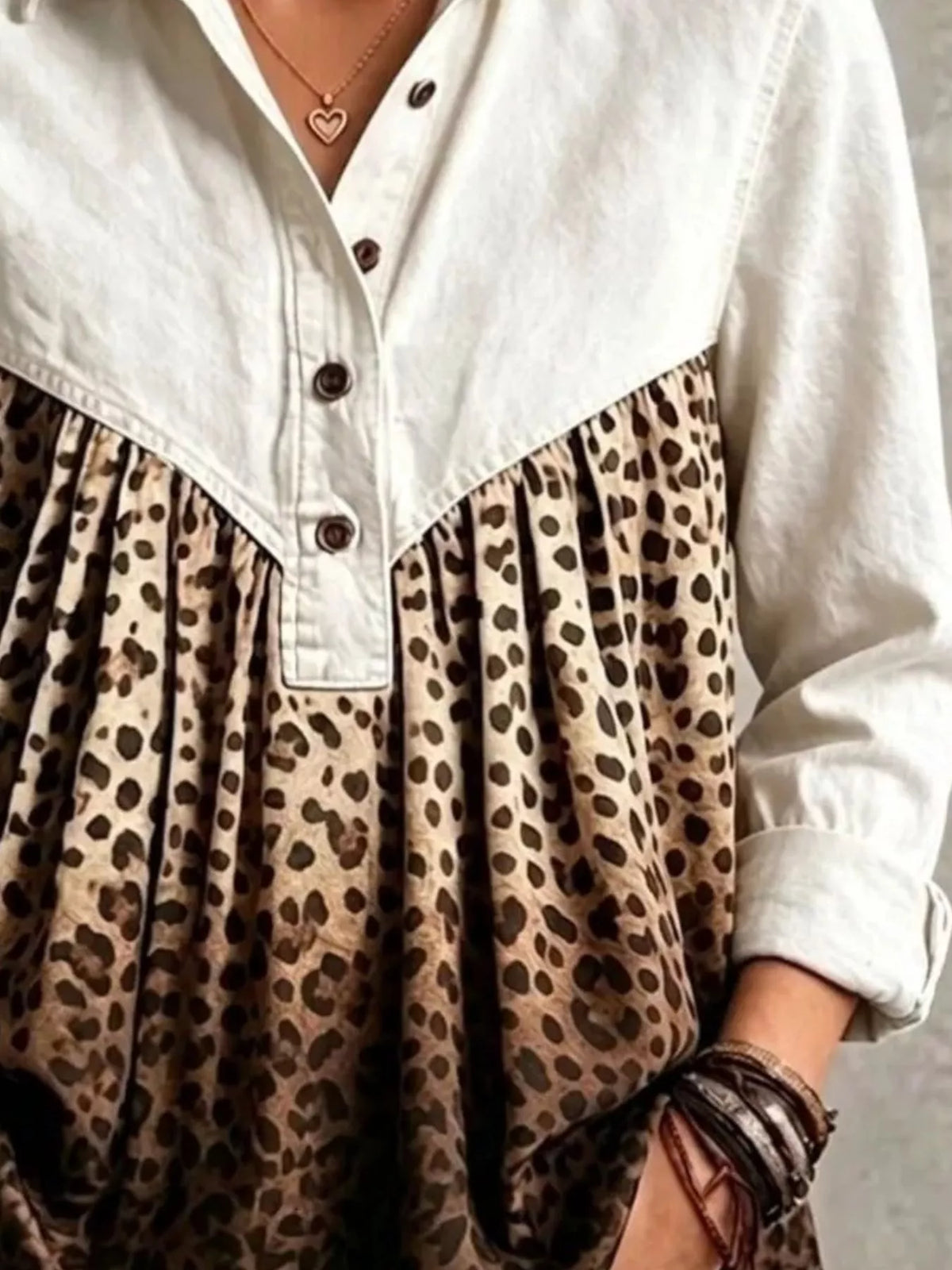 Full Size Leopard Button Detail Blouse Plus Size - Lilixa.store