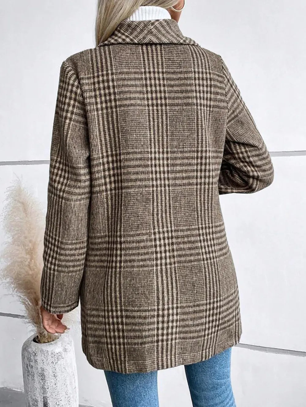 Plaid Collared Neck Long Sleeve Jacket, view 5