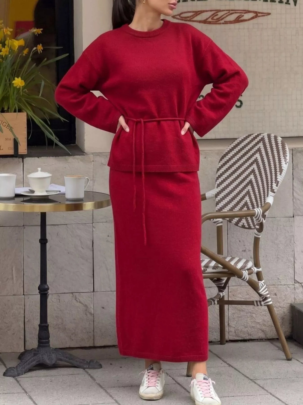 Waist-Tie Detail Sweater and Maxi Skirt Set in Burgundy