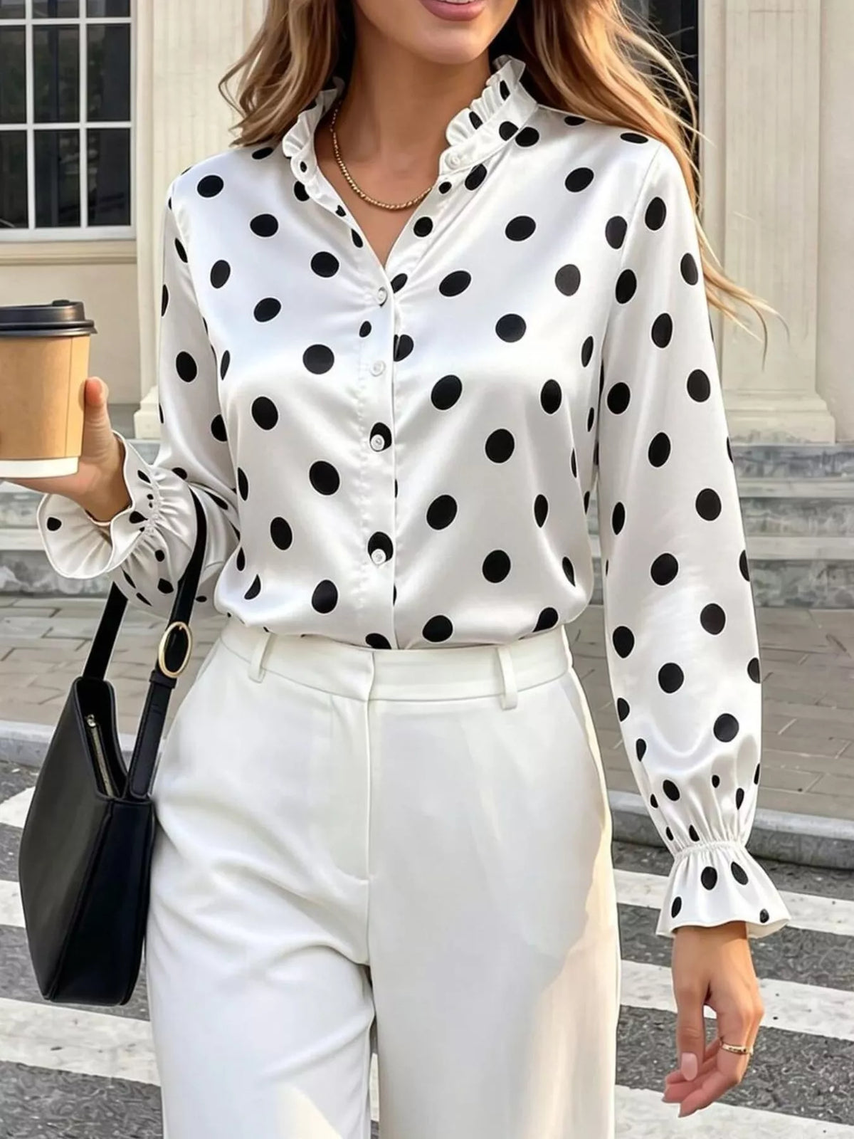 Elegant Button Down Ruffle Trim Satin Shirt in White