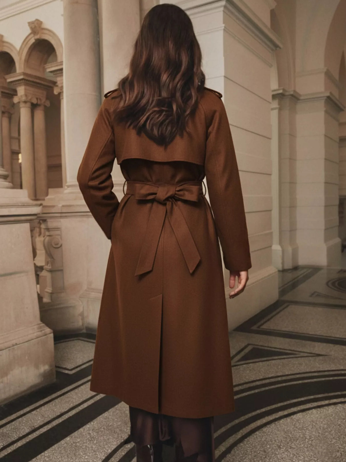 Lapel Collar Belted Wool Blend Coat in Brown, view 5