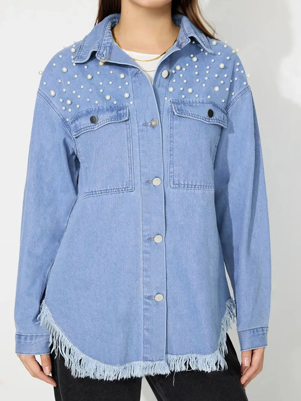 Raw Hem Pearl Trim Collared Neck Denim Top - Lilixa.store
