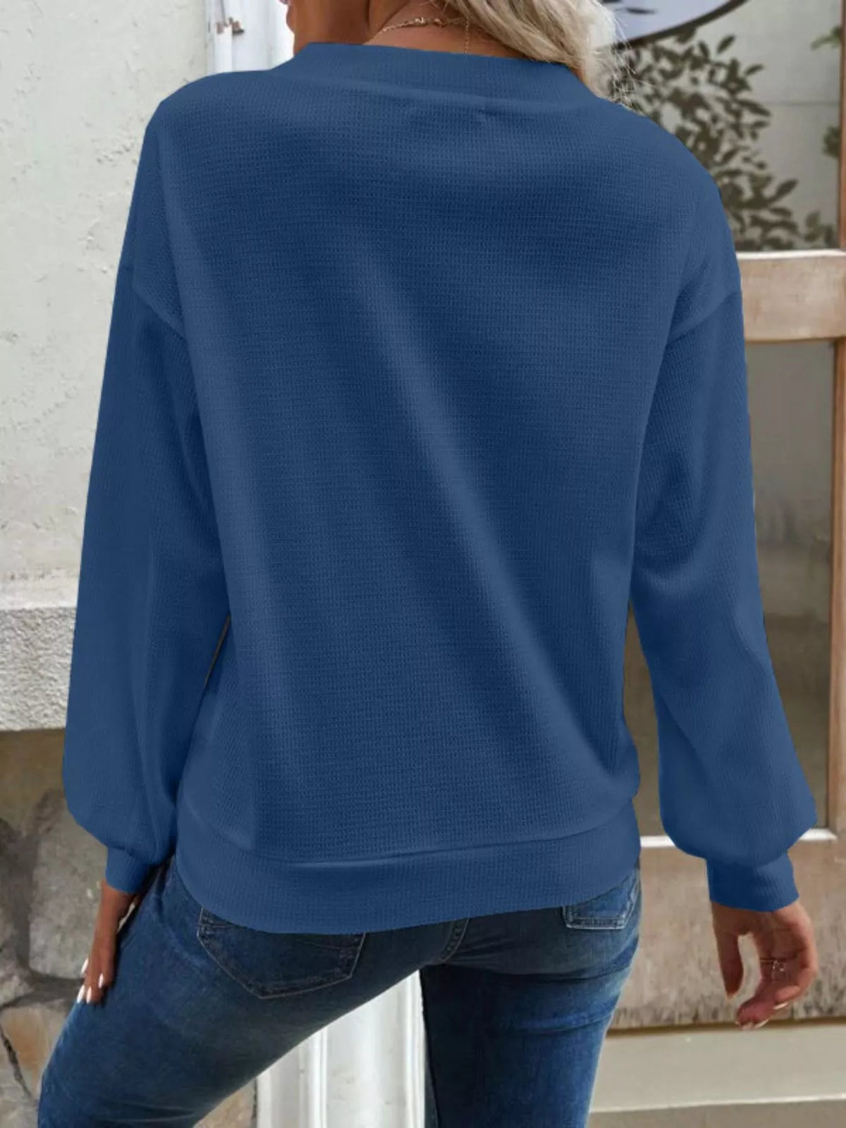 Casual V-Neck Waffle Long Sleeve Top, view 7