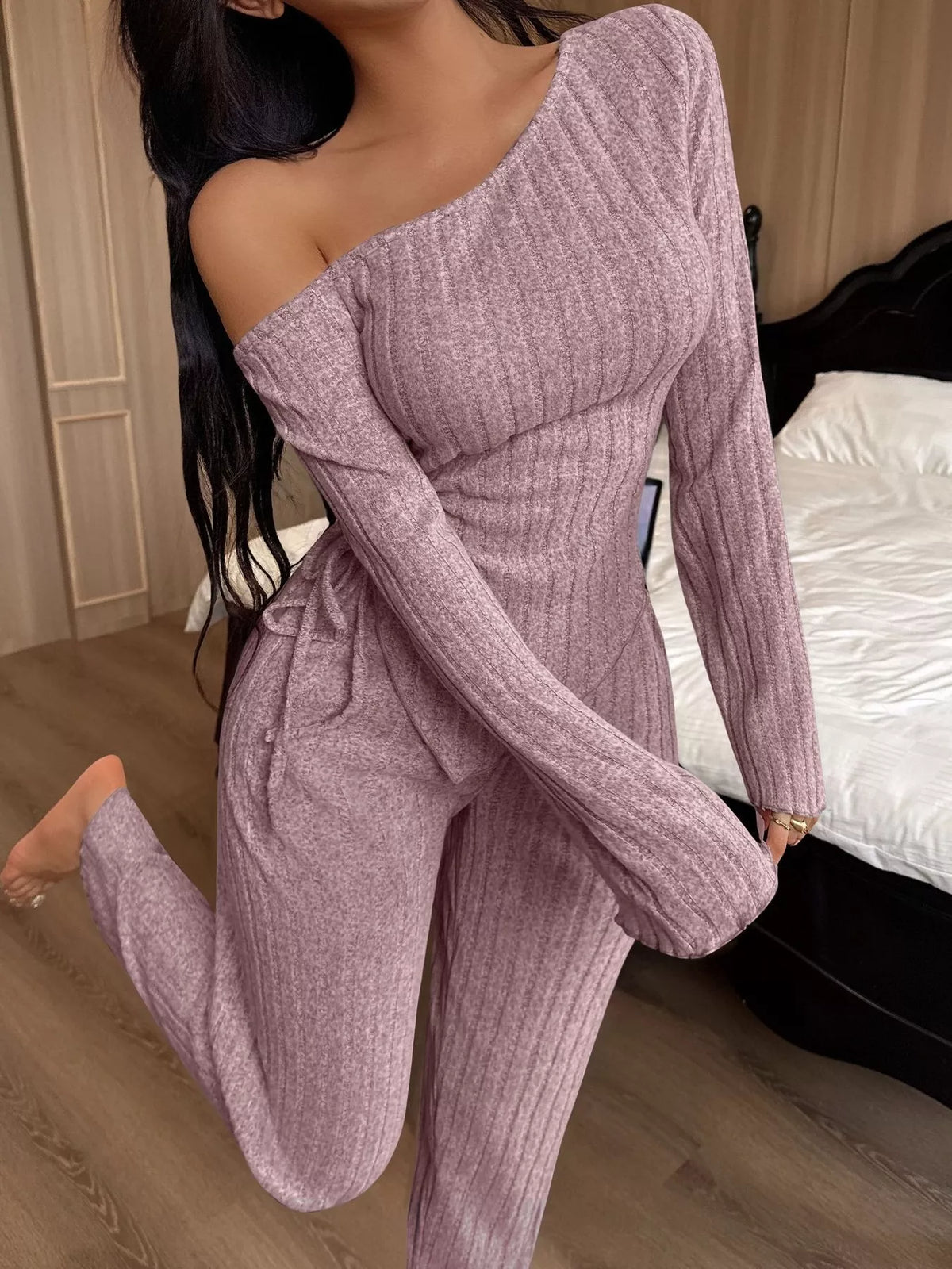 One-Shoulder Ribbed Knit Top and Pants Set - Lilixa.store