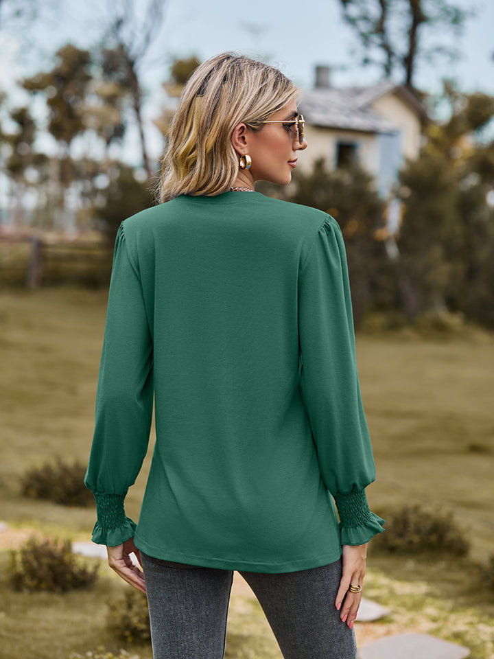 Notched Neck Flounce Sleeve Blouse, view 10
