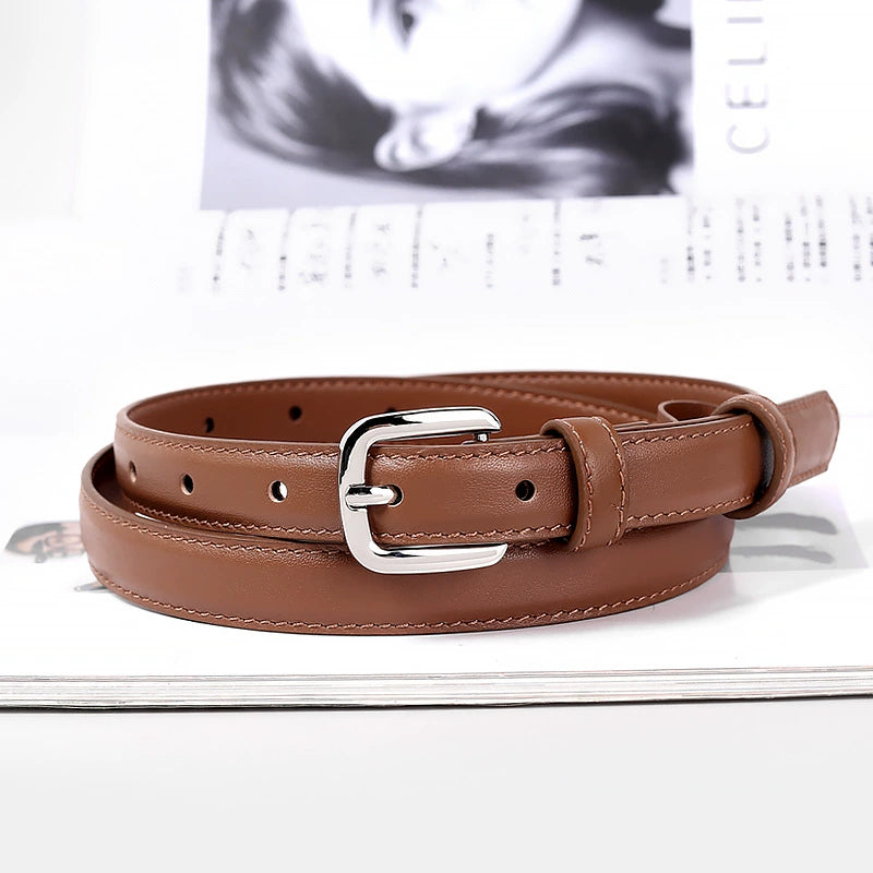 Classic Leather Skinny Belt with Silver Buckle in Brown