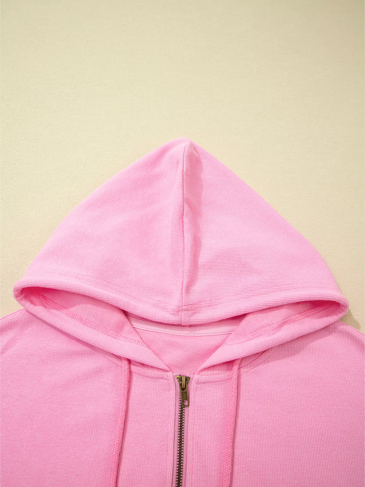 Solid Color Ribbed Zip Up Drawstring Hooded Jacket in Pink, view 5