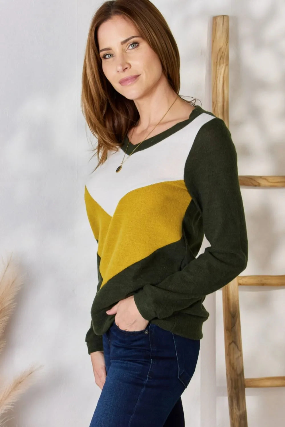 Hailey & Co Full Size Colorblock V-Neck Blouse - Lilixa.store