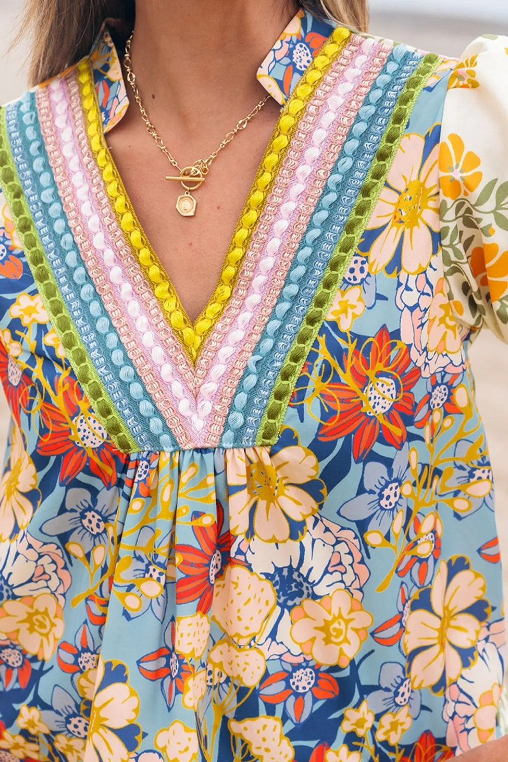 Multicolour Crochet V Neck Half Sleeve Boho Floral Blouse, view 3