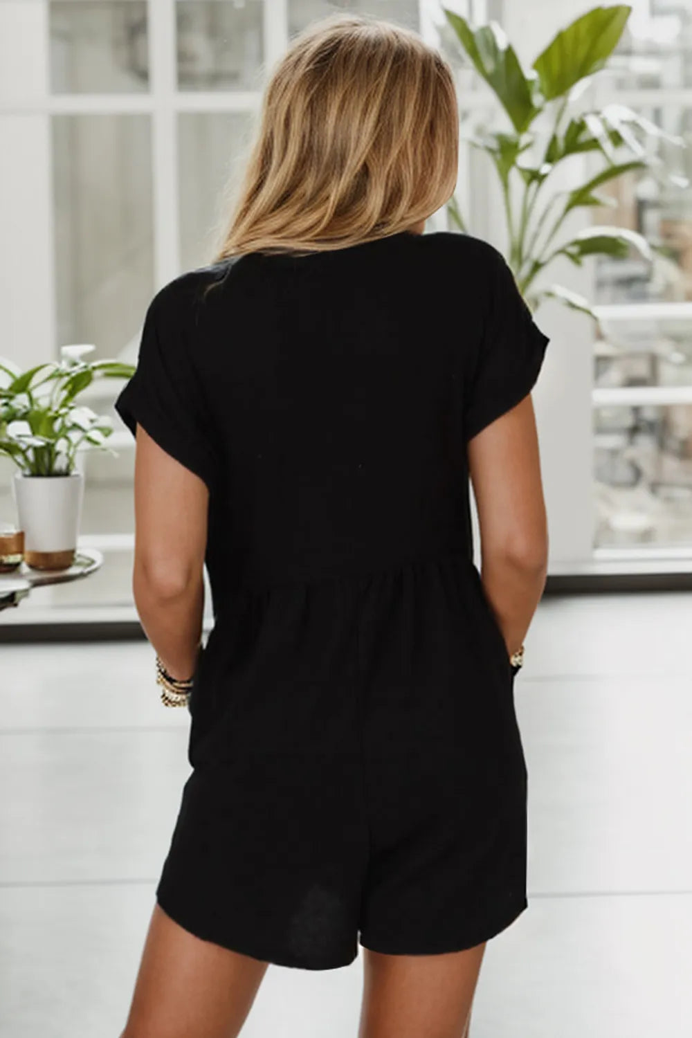 Pocketed V-Neck Short Sleeve Romper - Lilixa.store